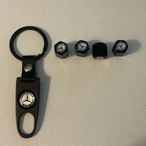 Mercedes Benz metal keychain & valve Stem caps in black NWT